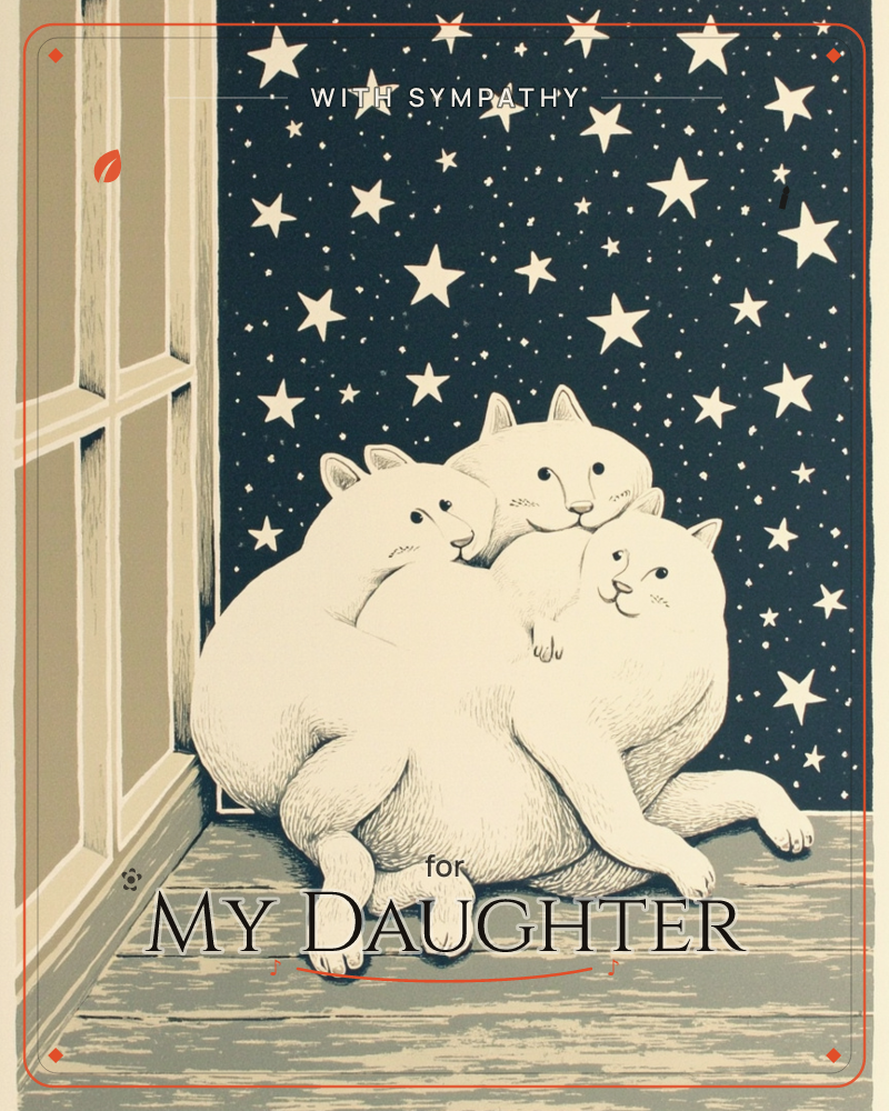 Three plump white cats sit huddled together on a wooden porch floor beside an open door, their round bodies overlapping in a cosy pile, a sympathy e-card design