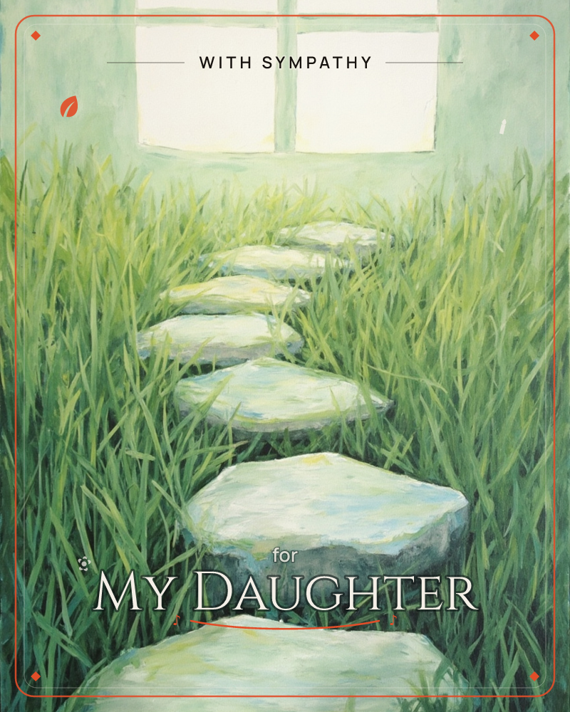 A path of flat pale stepping stones winds through tall green grass toward a pair of window-like openings glowing softly in the distance, a sympathy e-card design