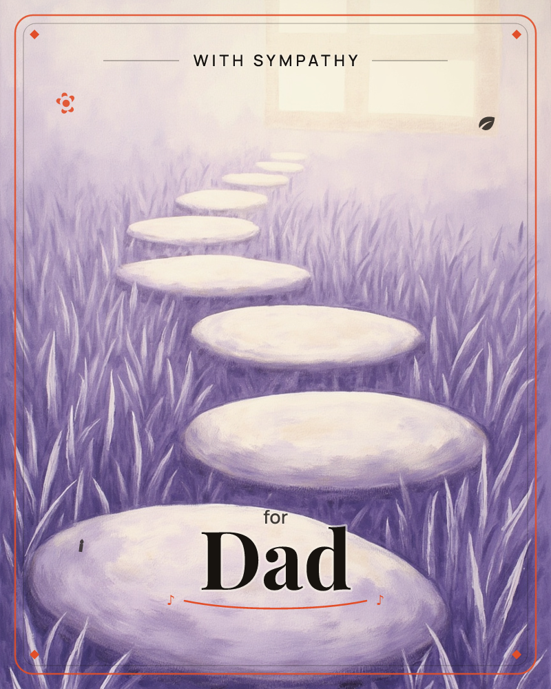 A trail of pale stepping stones curves through tall violet grass toward a glowing, curtainless window that hangs in the misty distance like a doorway…, a sympathy e-card design