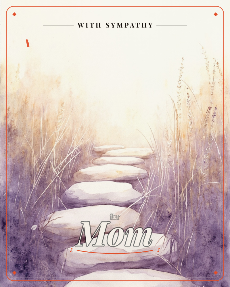 A row of pale stepping stones curves through tall wispy grasses toward a soft, glowing horizon, a sympathy e-card design