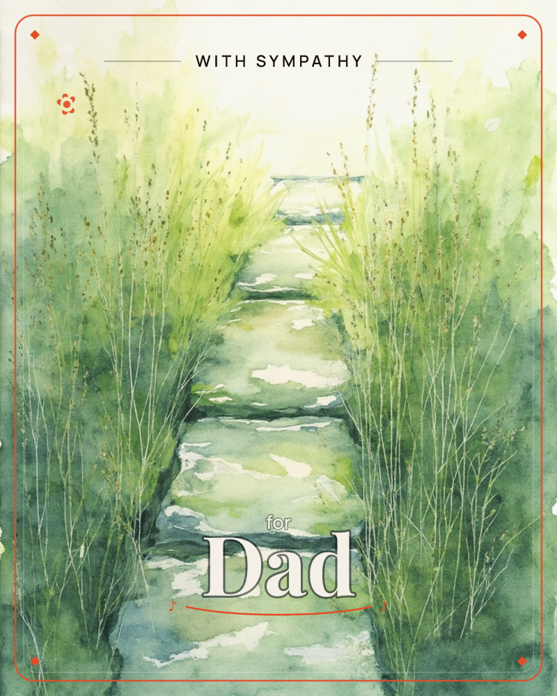 A watercolour stone path leads through tall grasses toward a hazy, luminous horizon where a hint of water glows pale blue, a sympathy e-card design
