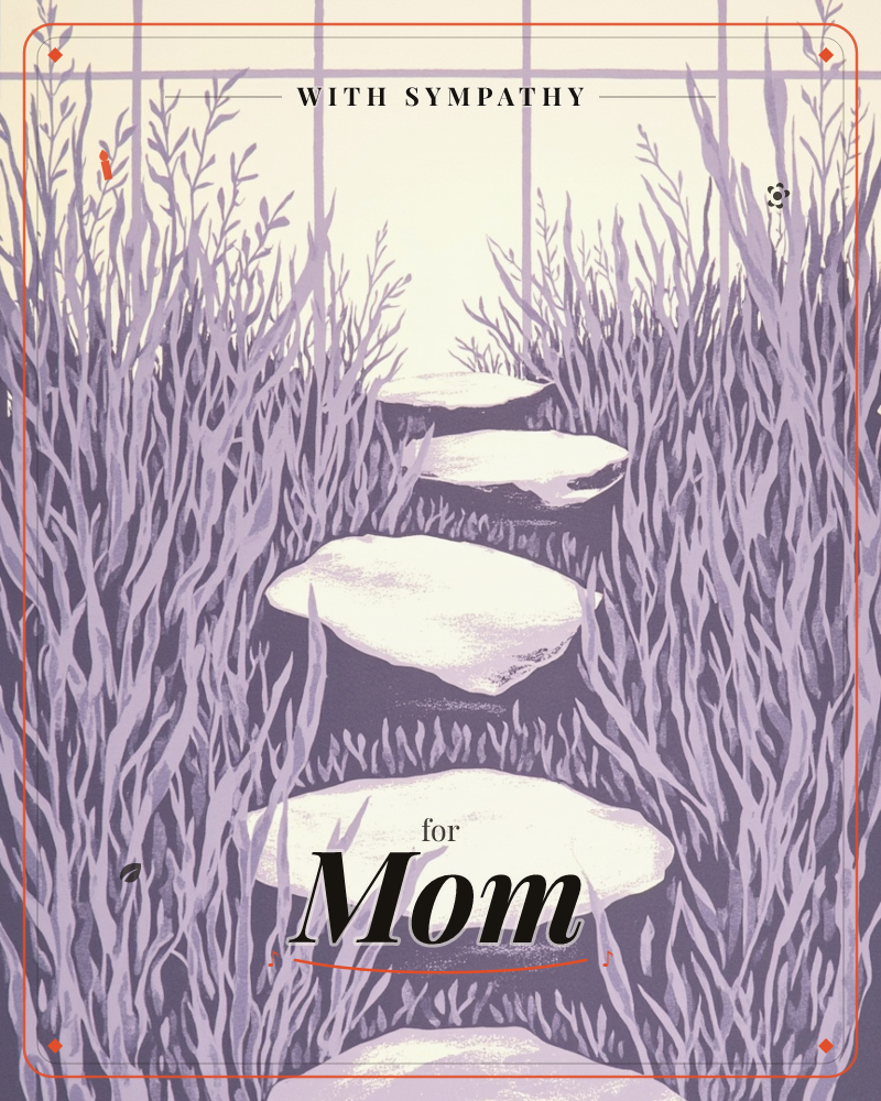 A trail of smooth stepping stones curves away through tall, wispy grasses rendered in layered lavender and plum tones, a sympathy e-card design