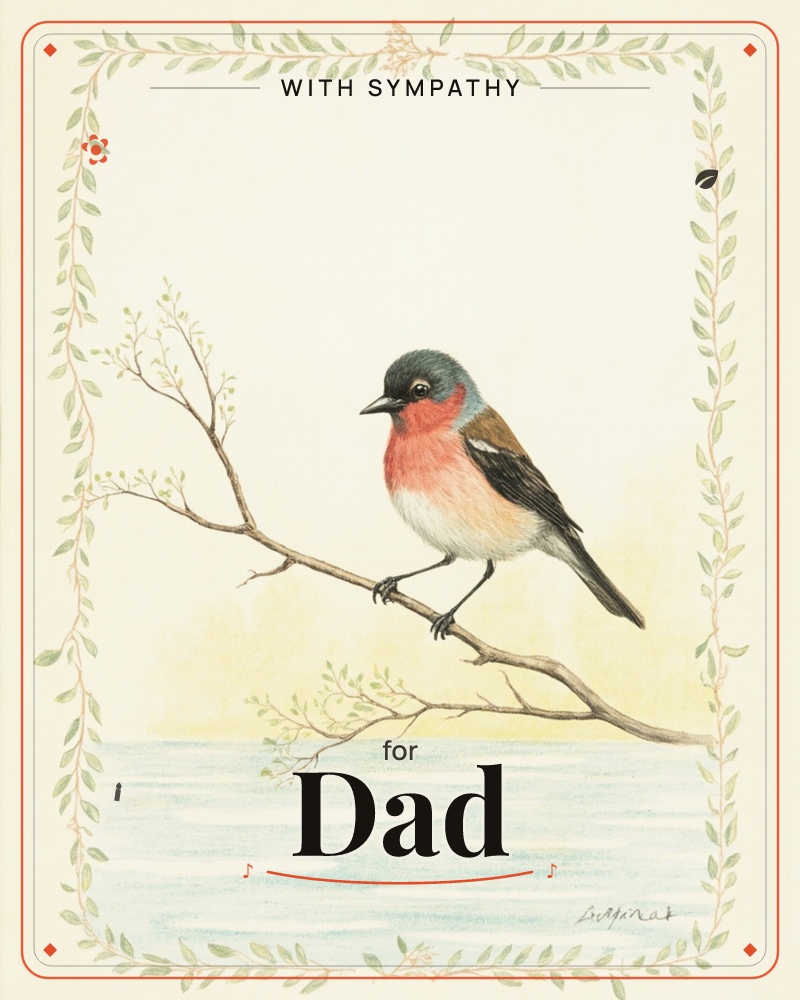 A small bird with a slate-grey head, rosy-orange breast and warm brown wings perches on a slender, leafy branch above a pale wash of water, a sympathy e-card design