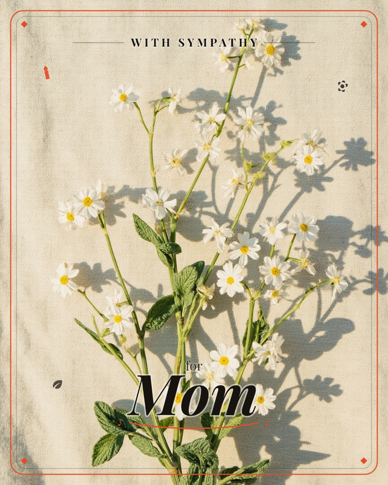 A loose bunch of small white daisies with yellow centres lies against a linen backdrop, sunlight raking across it so each stem casts a sharp, tangled…, a sympathy e-card design