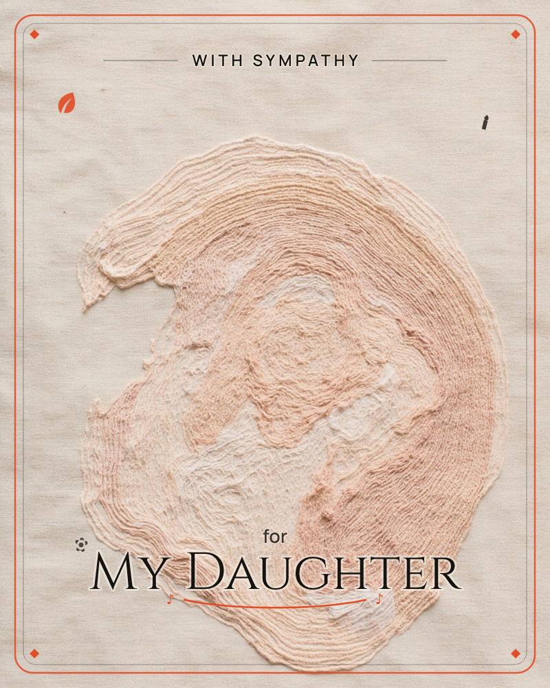 A single swirl of pale peach paint sits on raw linen, its layered rings built up like the cross-section of a shell or a slice of stone, a sympathy e-card design