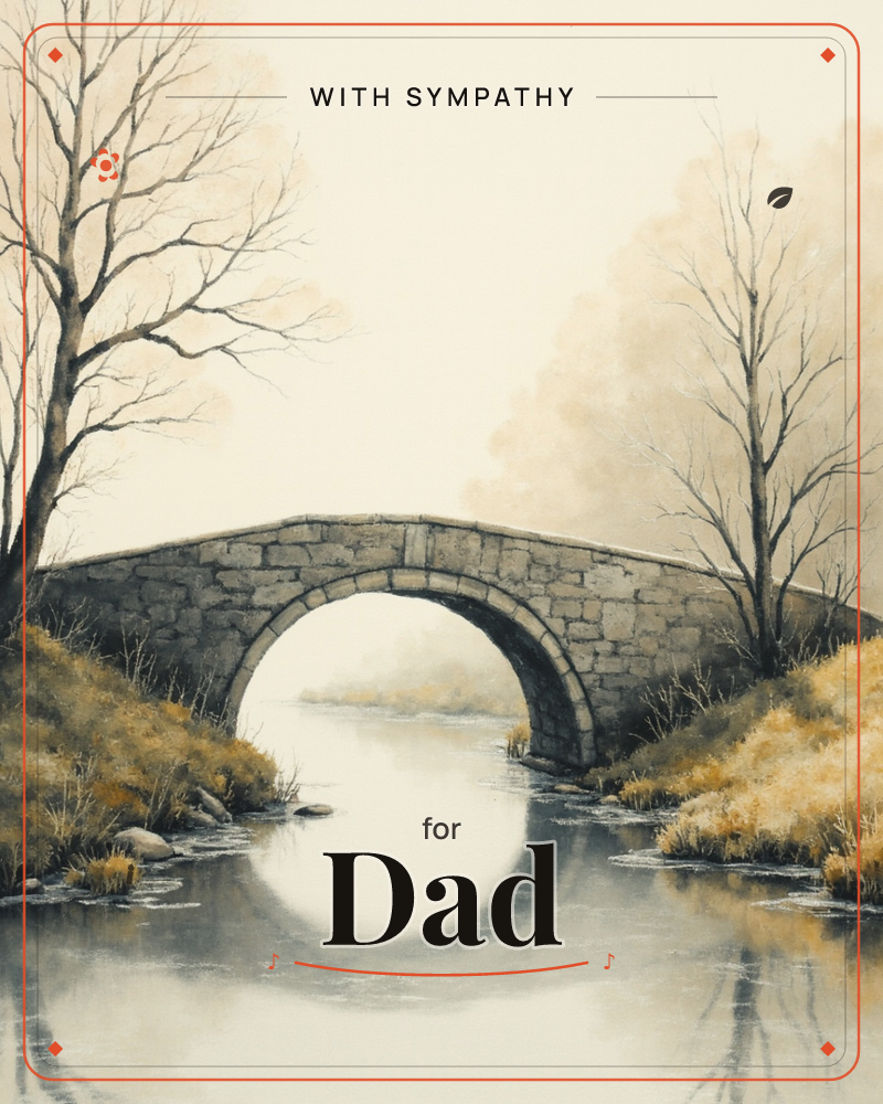 An old stone arch bridge spans a still river, its reflection forming a perfect circle in the calm water below, a sympathy e-card design