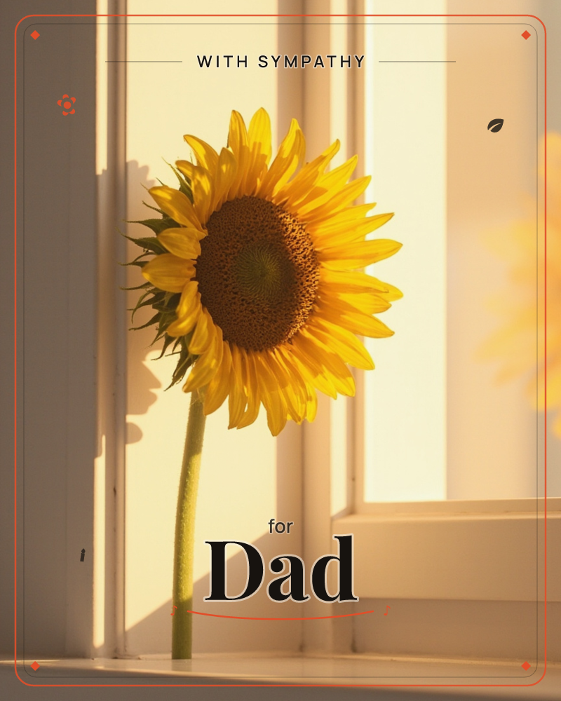 A single sunflower stands tall in front of a sunlit windowpane, its broad yellow petals glowing against soft golden light, a sympathy e-card design