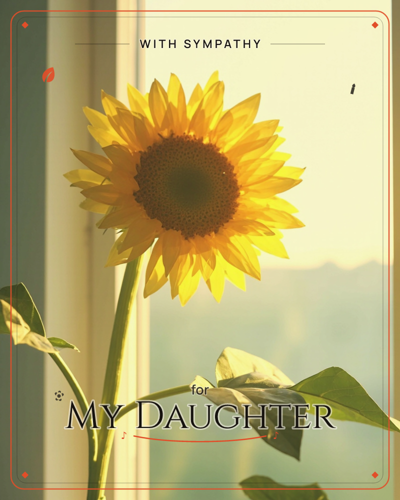 A single sunflower stands in front of a sunlit window, its broad yellow petals glowing against the soft haze of daylight streaming in behind it, a sympathy e-card design