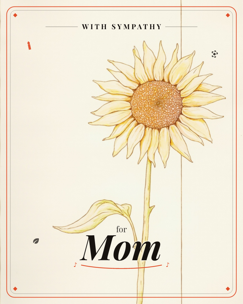 A single sunflower stands off to the right of a cream page, its speckled brown centre ringed by soft yellow petals rendered in fine ink outline and…, a sympathy e-card design