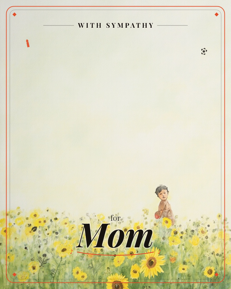 A small child stands almost hidden among a field of tall sunflowers, their face turning back toward the viewer with a shy smile, a sympathy e-card design