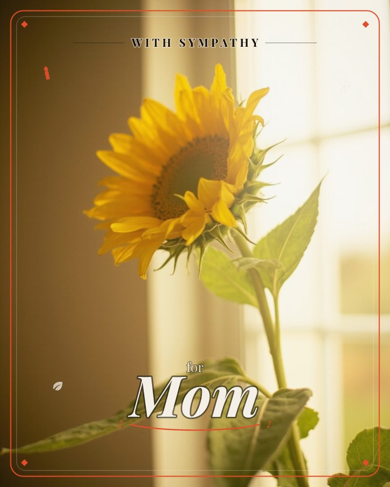 A single sunflower leans toward a paned window, its petals catching warm backlight so the edges glow almost translucent, a sympathy e-card design