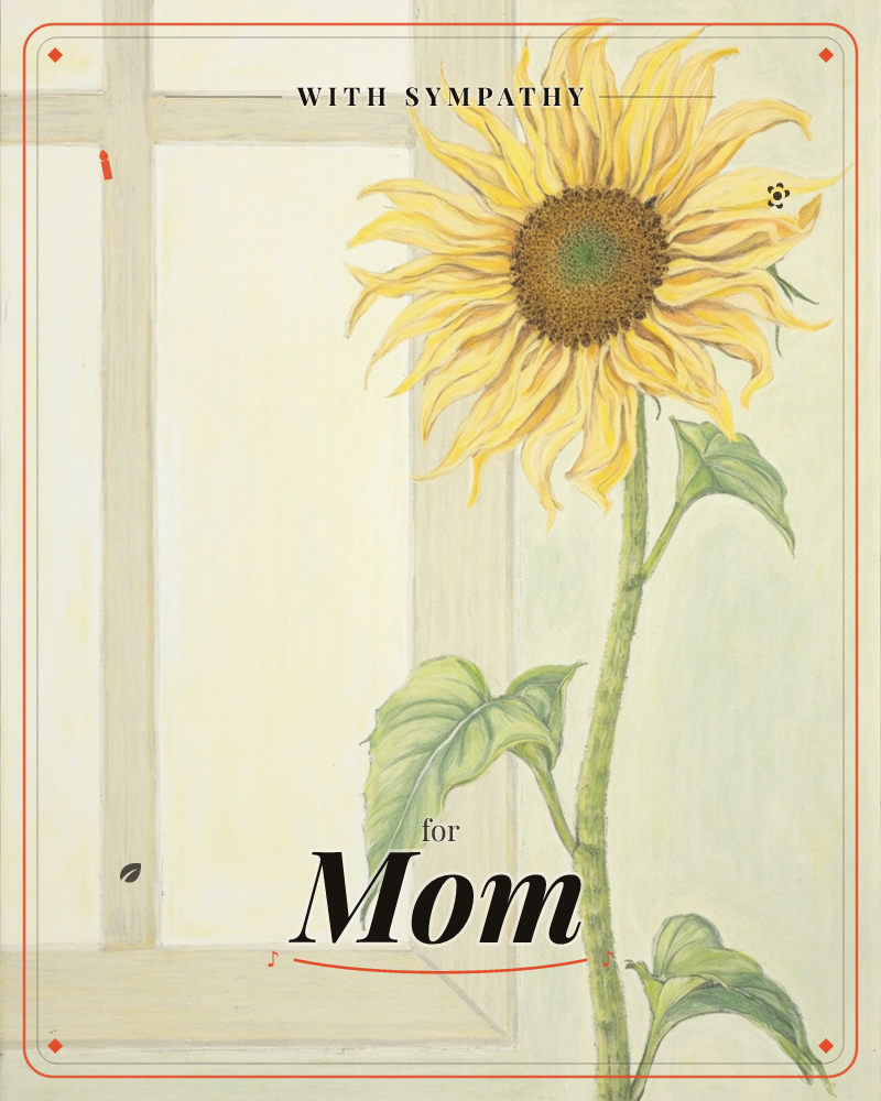 A single sunflower leans against a pale wooden window frame, its broad yellow petals and deep brown centre catching soft indoor light, a sympathy e-card design