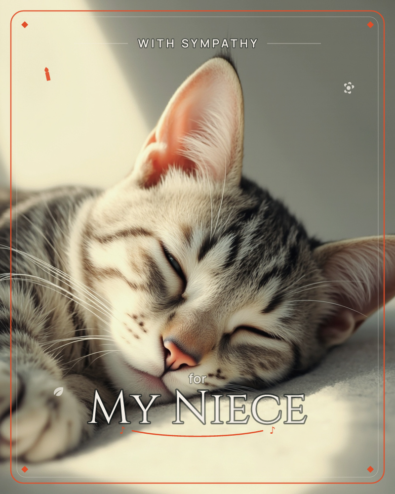 A close-up of a grey tabby cat curled up asleep, its face relaxed and eyes gently shut, a sympathy e-card design