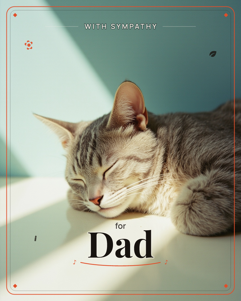 A grey tabby cat lies curled on a pale windowsill, eyes closed in deep sleep as a diagonal beam of sunlight crosses its face and paws, a sympathy e-card design
