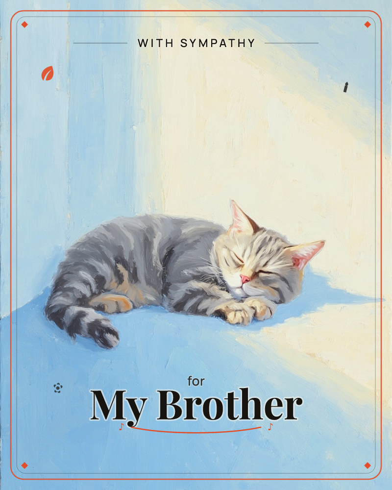 A grey tabby cat lies curled on a pale blue surface, front paws stretched out, eyes closed in deep sleep, a sympathy e-card design