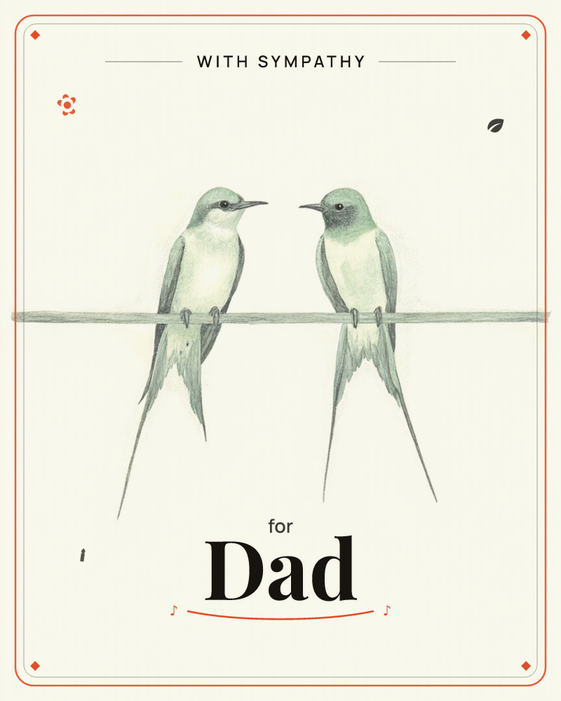 Two slender swallows with forked, wire-thin tails perch facing each other on a single plain branch, sketched in soft green and grey tones against a…, a sympathy e-card design