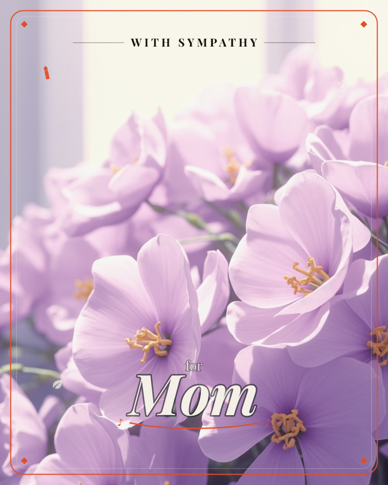 A close-up cluster of lavender-purple flowers with delicate, papery petals and golden stamens fills the frame, backlit by soft window light, a sympathy e-card design