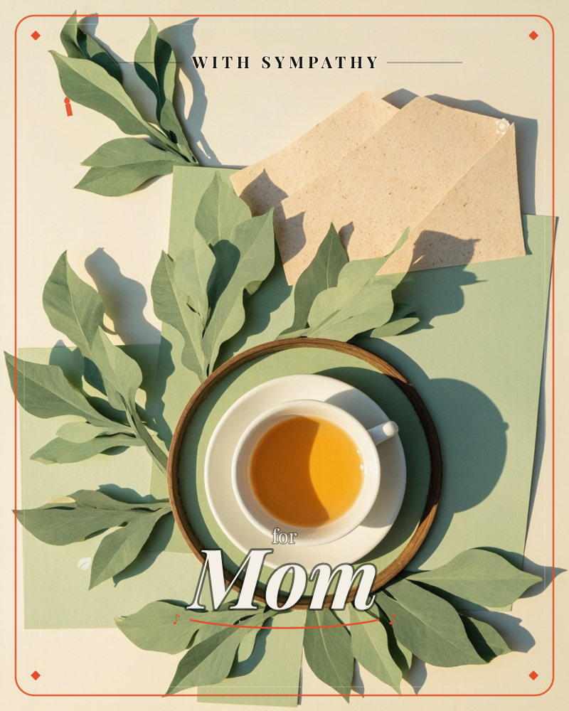 A flat-lay photograph shows a white teacup filled with amber tea, set on a round wooden tray atop layered sage-green paper, a sympathy e-card design