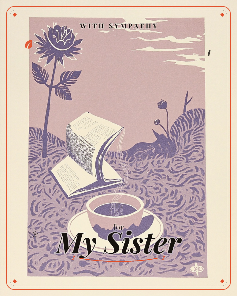 A woodcut-style print shows an open book folded like a paper boat, pouring steam into a waiting teacup below, all set against a swirling textured field…, a sympathy e-card design