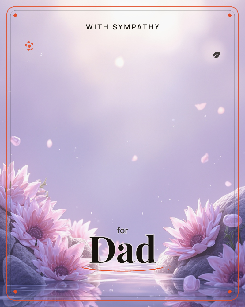 A calm stretch of water is framed by grey stones on either bank, with clusters of pink daisy-like flowers growing at the water's edge and reflected on…, a sympathy e-card design