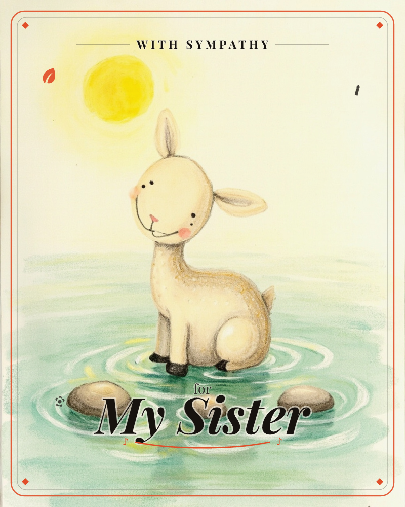 A small, big-eared fawn stands sweetly in shallow turquoise water, its hooves just breaking the surface as gentle ripples spread around three smooth…, a sympathy e-card design