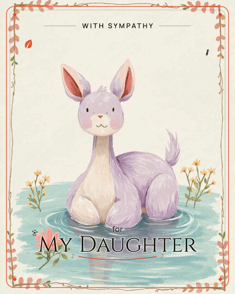 A whimsical lilac creature with tall bunny-like ears and a fluffy tail stands calmly in a shallow pool of teal water, its rosy cheeks and gentle…, a sympathy e-card design