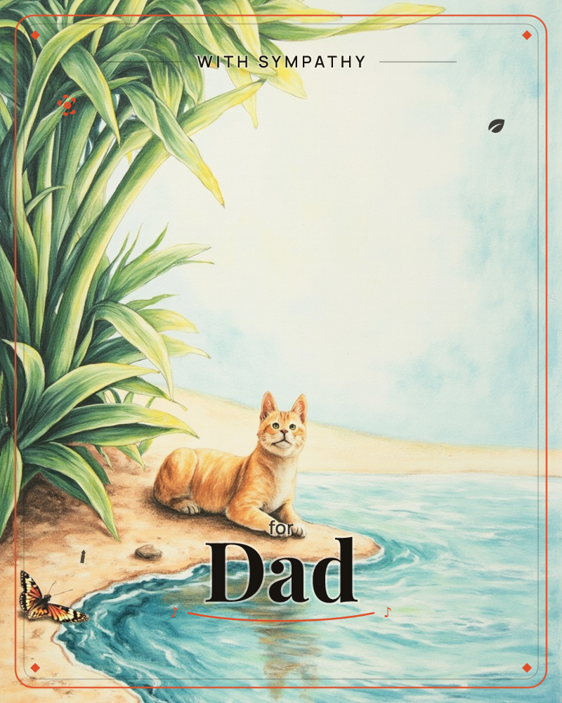 An orange tabby cat rests on a sandy shoreline beneath tall, sword-like green leaves, gazing up into a pale sky, a sympathy e-card design