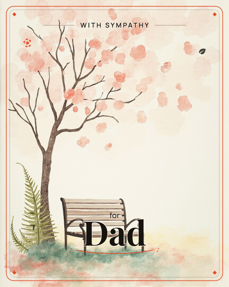 A watercolour cherry tree leans over an empty park bench, its branches scattered with soft pink blossom clouds against a pale cream sky, a sympathy e-card design