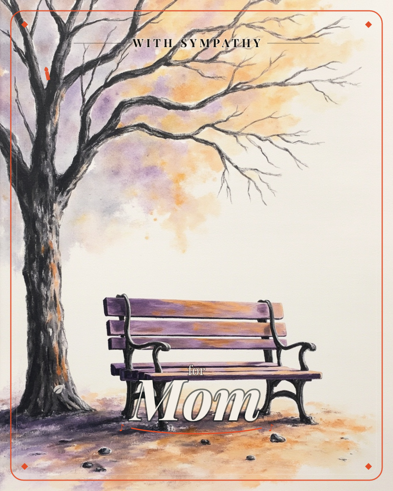 A wooden park bench with iron scrollwork armrests sits beneath a bare, sprawling tree, its branches bare of leaves but haloed in soft washes of amber…, a sympathy e-card design