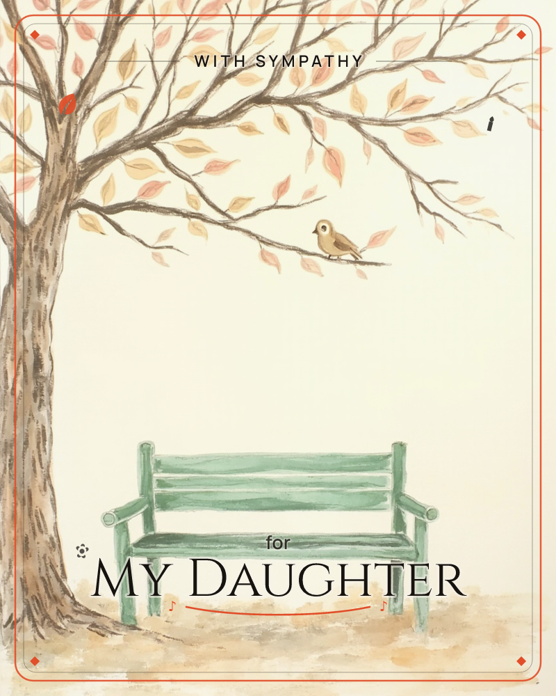 A weathered green park bench sits beneath a sweeping autumn tree, its branches scattered with orange, gold, and peach leaves against a soft cream sky, a sympathy e-card design