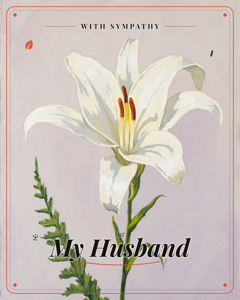 A single white lily opens fully against a soft lilac-grey background, its curled petals shaded in pale grey and cream, stamens tipped in rust-orange…, a sympathy e-card design