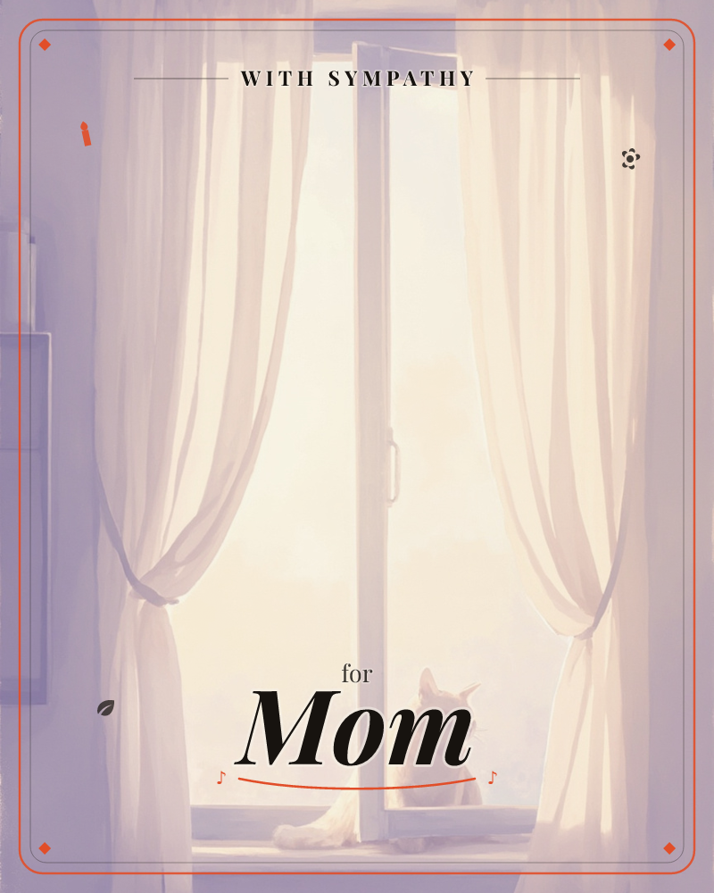 A hazy, sunlit window is framed by sheer curtains gathered softly at either side, glowing with warm light from outside, a sympathy e-card design