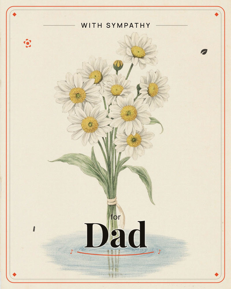 A hand-tied bunch of white daisies with golden centres stands upright, stems bound with a pale ribbon, resting on a soft pool of blue-grey watercolour…, a sympathy e-card design