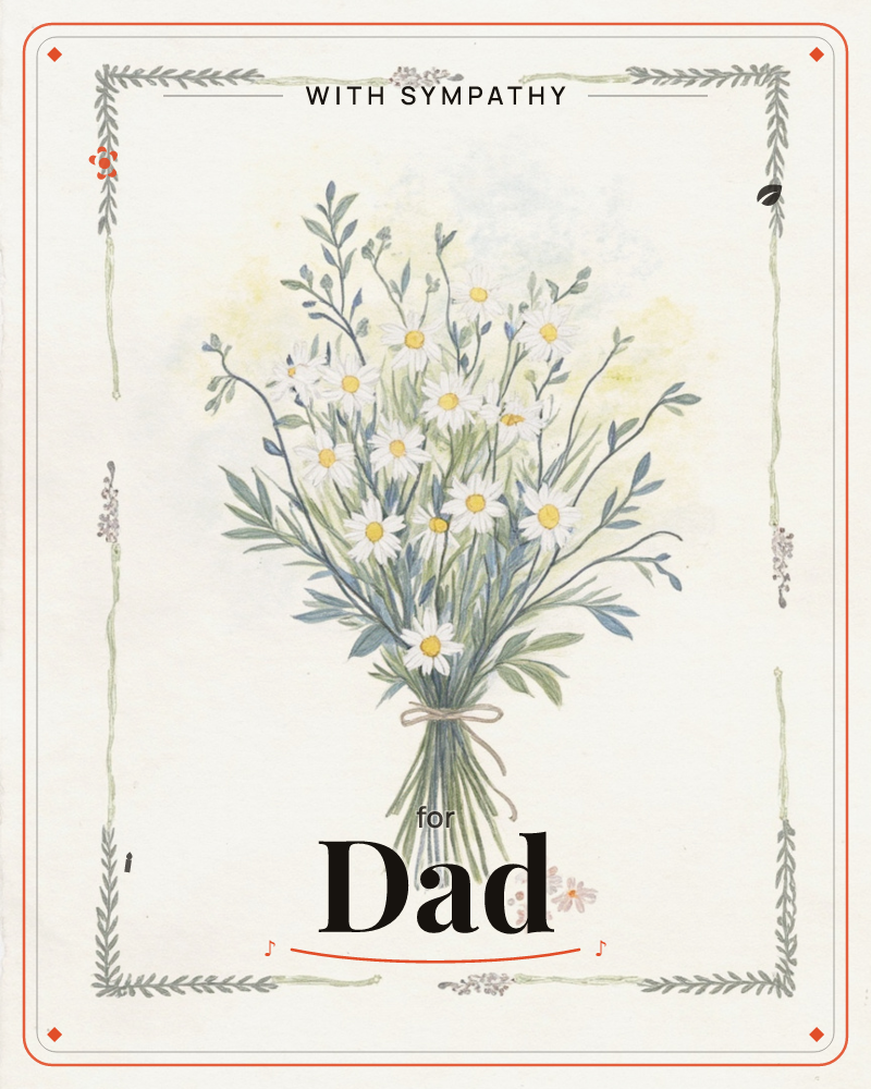 A hand-tied bouquet of white daisies with sunny yellow centres stands upright on a soft cream background, its long stems bound with a pale pink ribbon bow, a sympathy e-card design