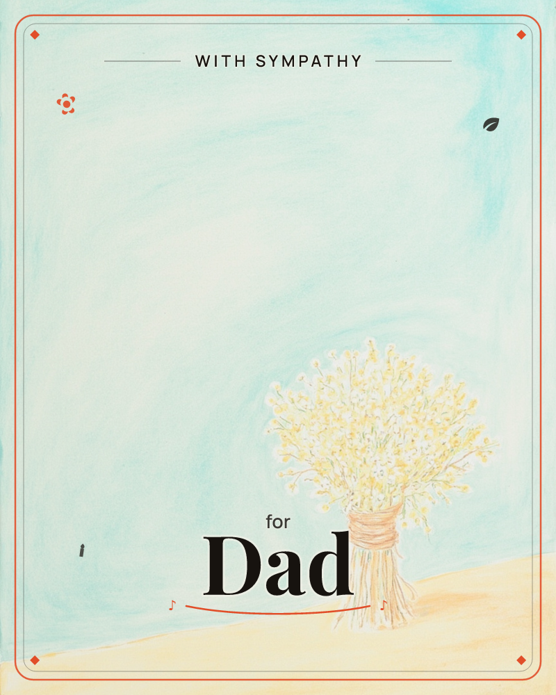 A loose bundle of small yellow wildflowers stands tied with a rust-orange ribbon, set off-centre against a soft turquoise wash that fades into a pale…, a sympathy e-card design