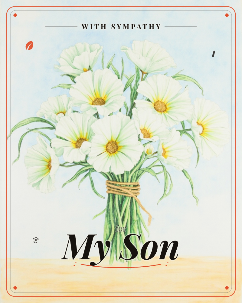 A hand-tied bunch of white daisy-like blooms with soft yellow centres stands upright, stems bound together with twine, resting on a warm sandy-yellow…, a sympathy e-card design