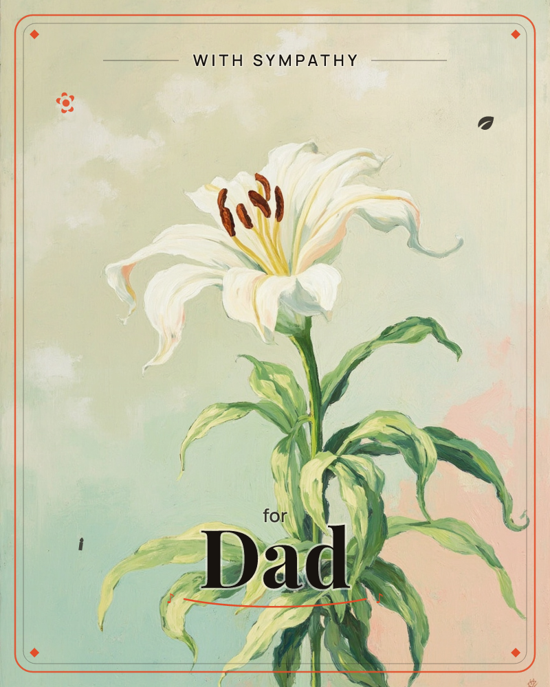 A single white lily leans on its tall green stem, curling petals open to show rust-brown stamens and a dusting of pollen, a sympathy e-card design
