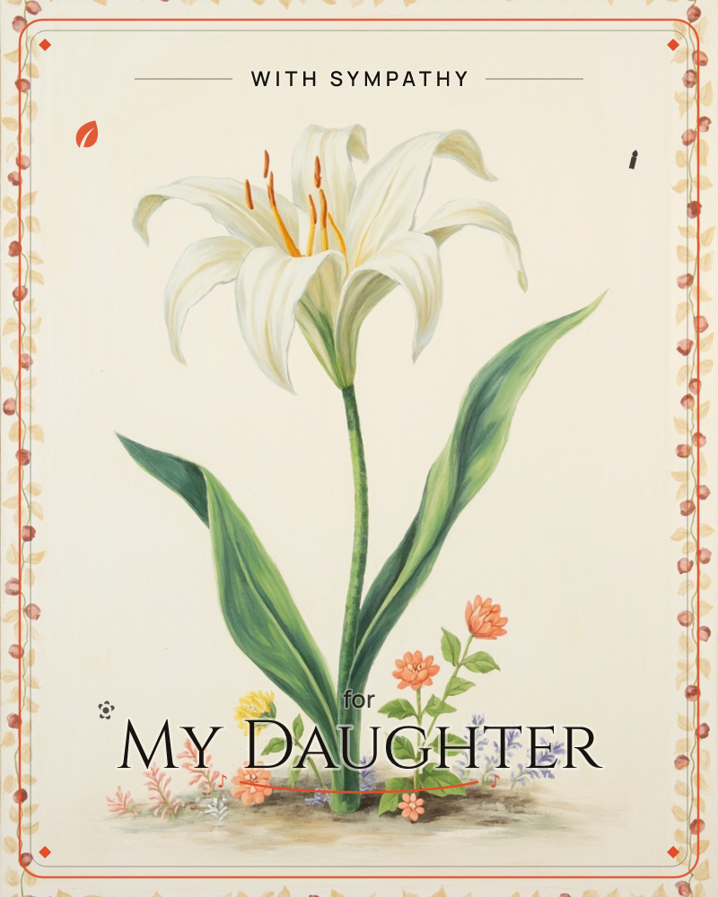 A single white lily blooms wide open at the top of a tall green stem, its curled petals framing bright orange stamens, a sympathy e-card design