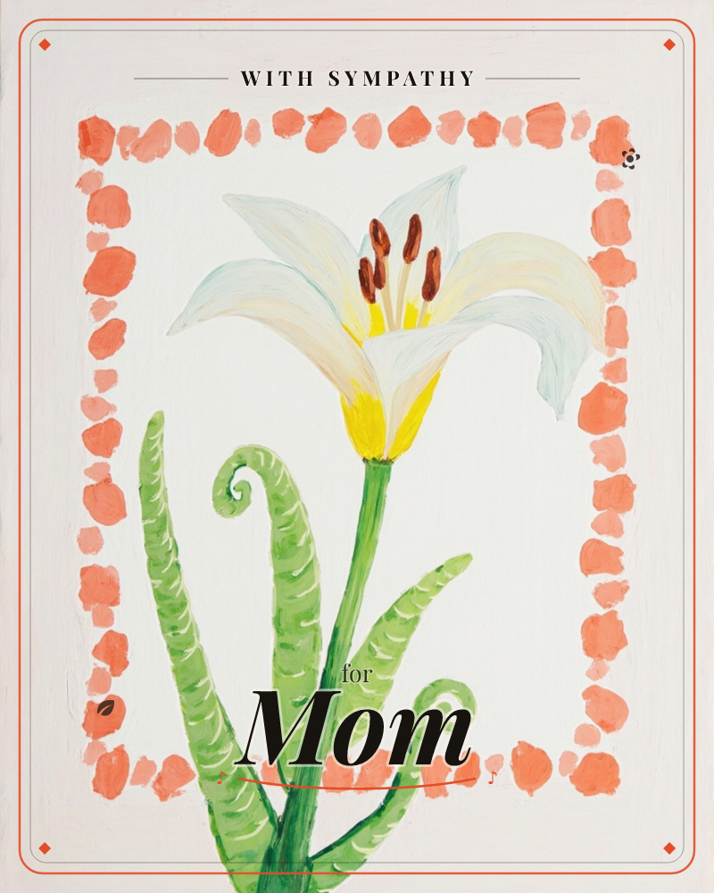 A single white lily with a soft yellow throat and rust-brown stamens stands centred against a cream background, its green stem curling into fern-like…, a sympathy e-card design
