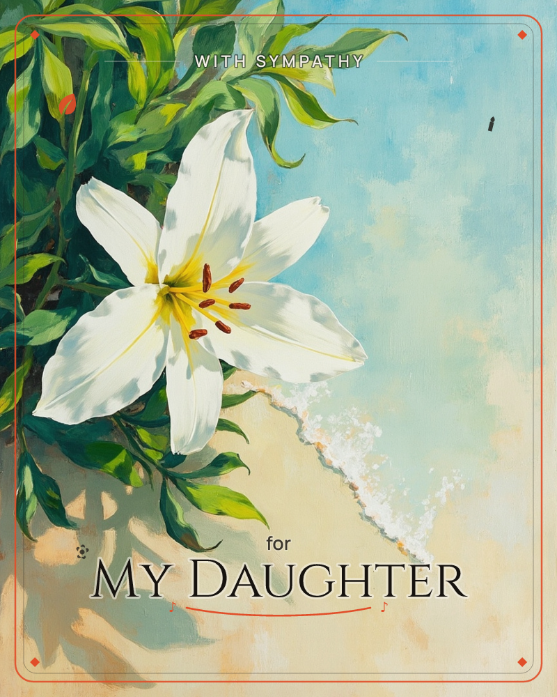 A single white lily opens wide against a hazy sky-blue and sandy background, its yellow throat and rust-coloured stamens catching soft light, a sympathy e-card design