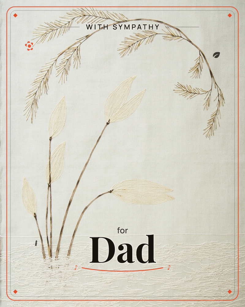 An embroidered card on soft linen showing a single arching frond of pine needles sweeping overhead, with slender stemmed leaves rising below from a…, a sympathy e-card design