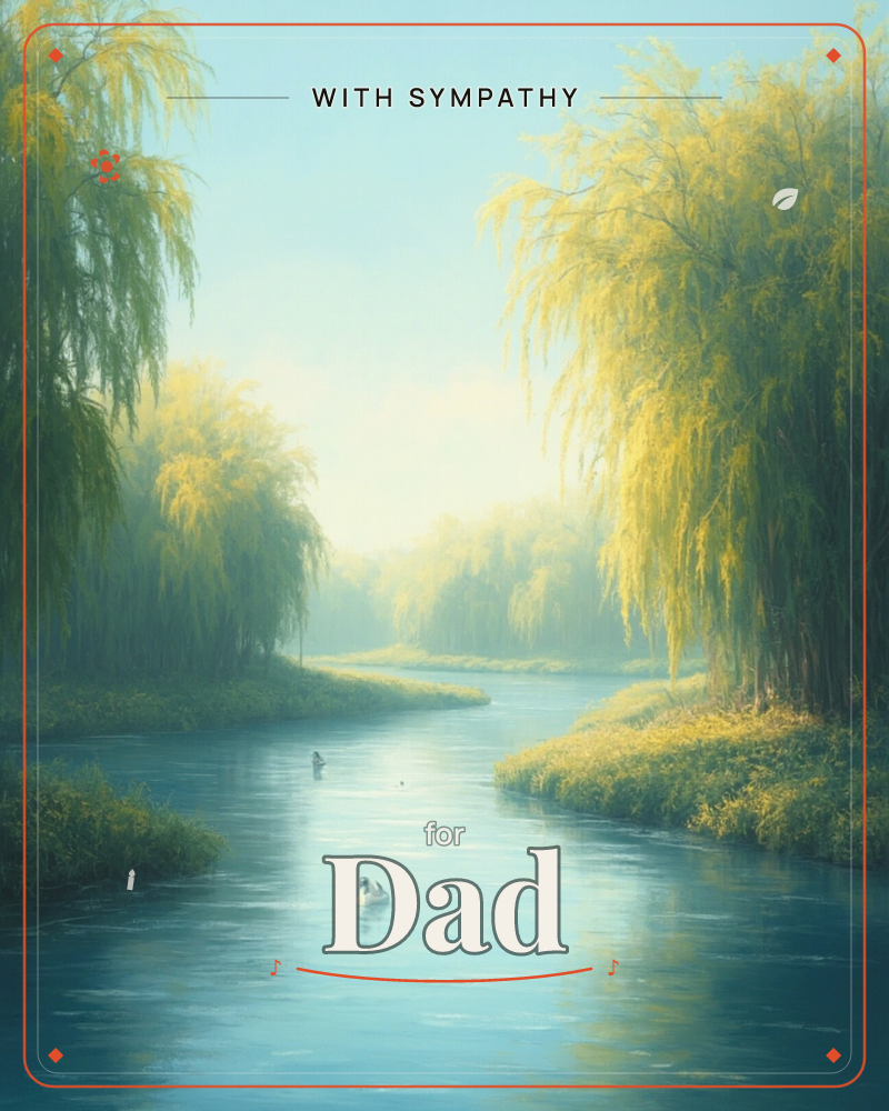 A quiet river bends between banks of drooping willow trees, their golden-green branches trailing into the water on either side, a sympathy e-card design