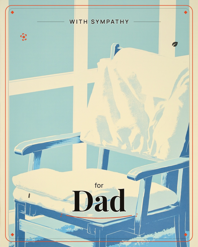 A wooden armchair sits before a large paned window, its cushion soft and rumpled and a folded throw draped over the back, a sympathy e-card design