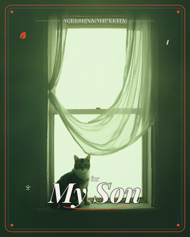 A tabby cat with a white chest sits quietly on a window ledge, silhouetted against bright light pouring through a sheer, gathered curtain, a sympathy e-card design