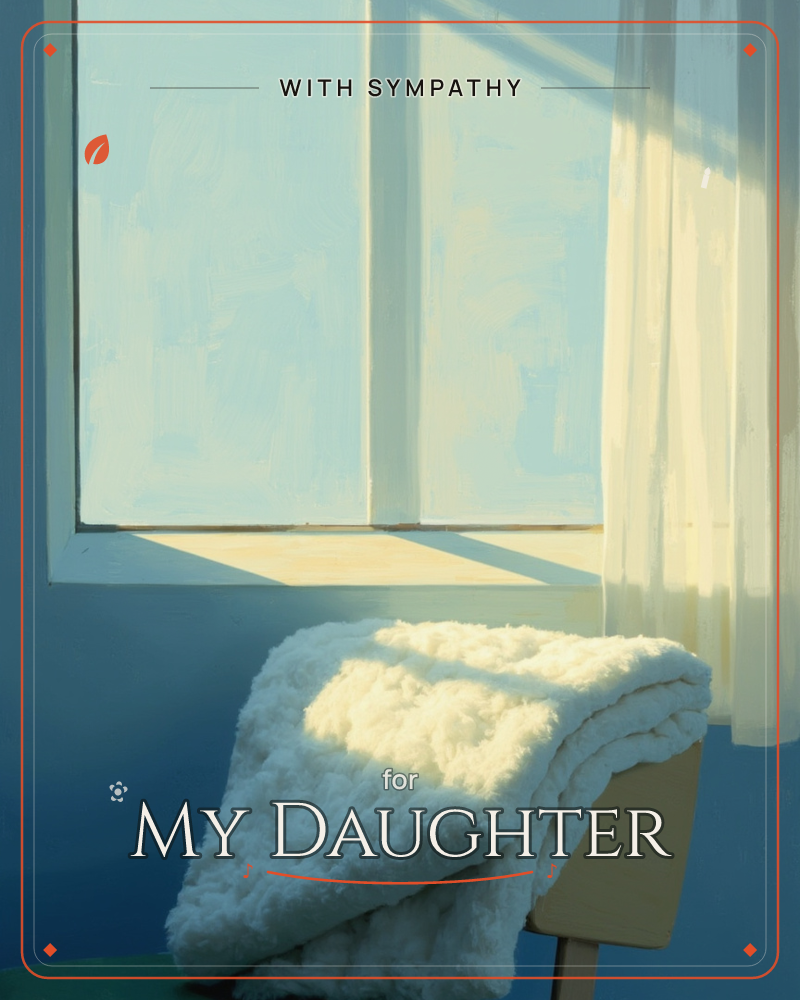 A quiet window scene with pale blue panes and a sheer curtain lit gold by low sunlight, a sympathy e-card design