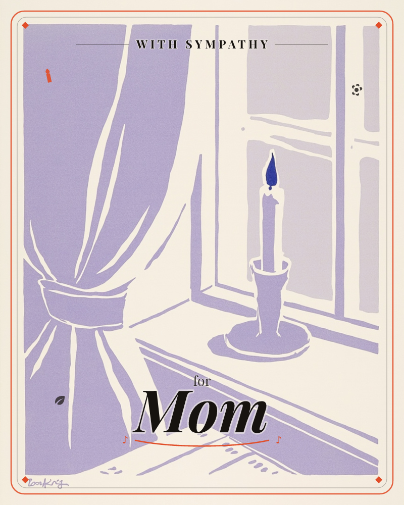 A single candle burns in a plain holder on a windowsill, its flame the one dark navy note against soft lilac shading, a sympathy e-card design