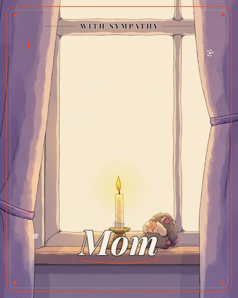 A single lit candle sits on a wooden windowsill beside a small curled-up plush creature, both framed by heavy purple curtains tied back from a pale…, a sympathy e-card design