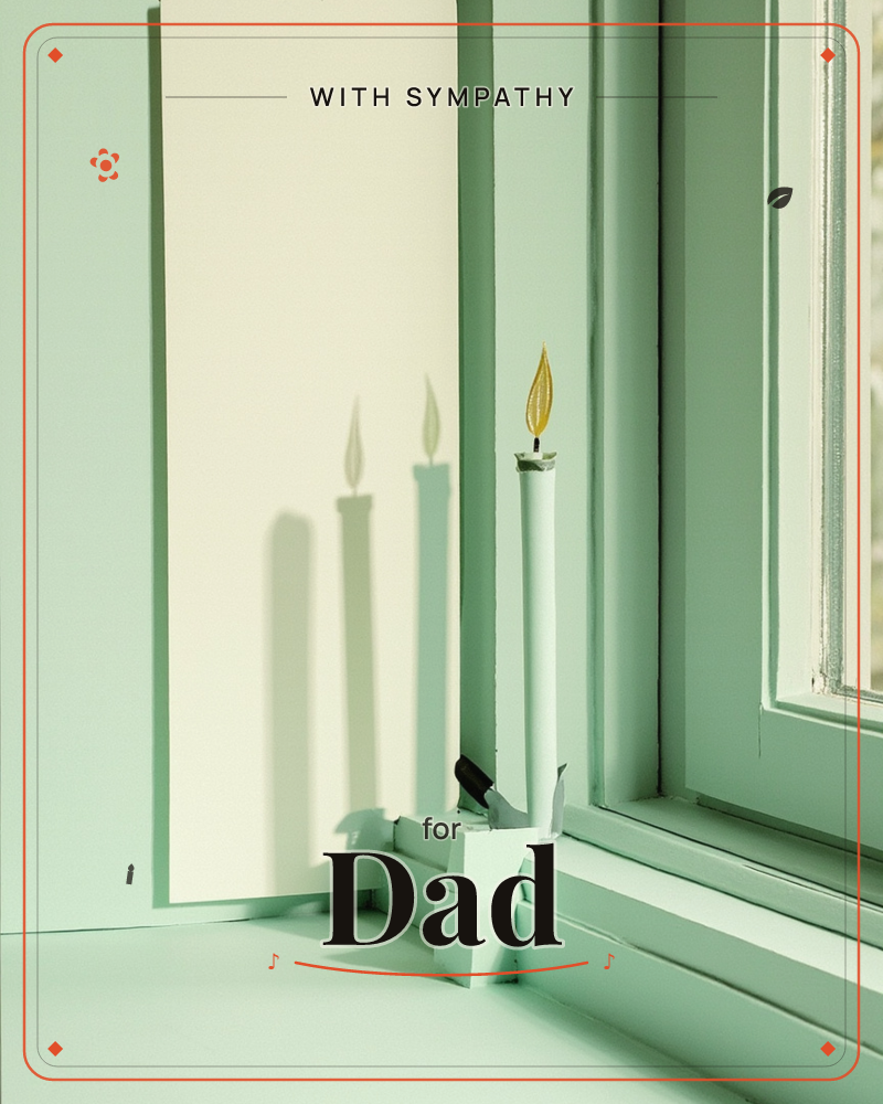 A single paper candle in a small holder sits on a windowsill, its cut-out flame glowing gold against a sage-green room, a sympathy e-card design