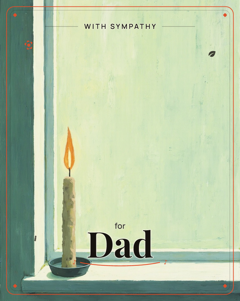 A single tall candle burns in a small dark dish set on a windowsill, its orange flame the only warm note against a pale sea-green window and frame, a sympathy e-card design