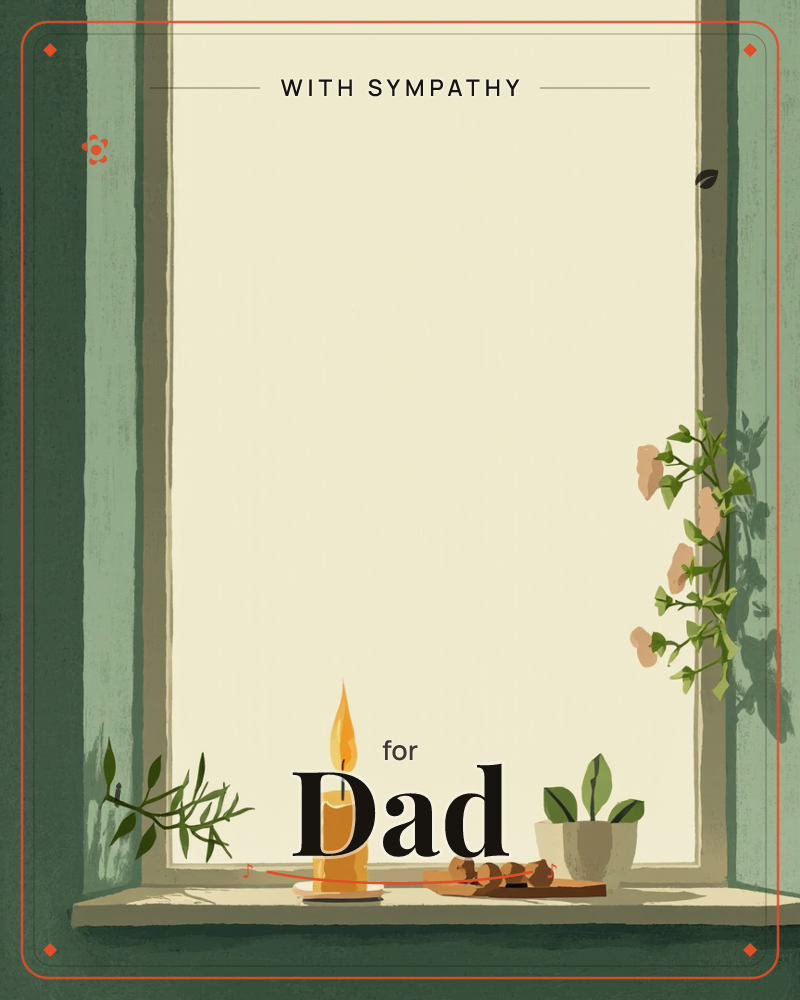 A quiet windowsill glows with a single lit candle, its flame casting soft light across scattered acorns and a small potted plant, a sympathy e-card design